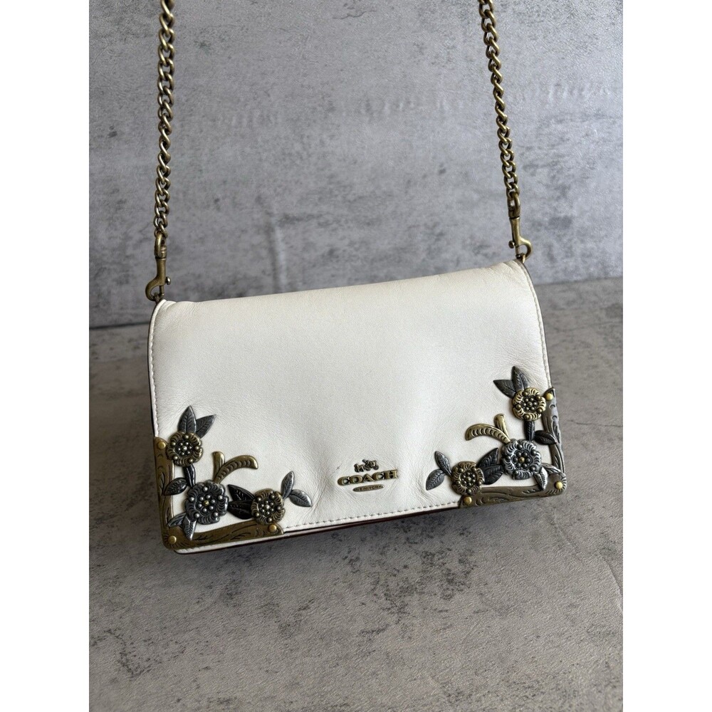 Coach Callie Foldover Chain Clutch W Metal Tea Rose MetallicGraphite 24909 White